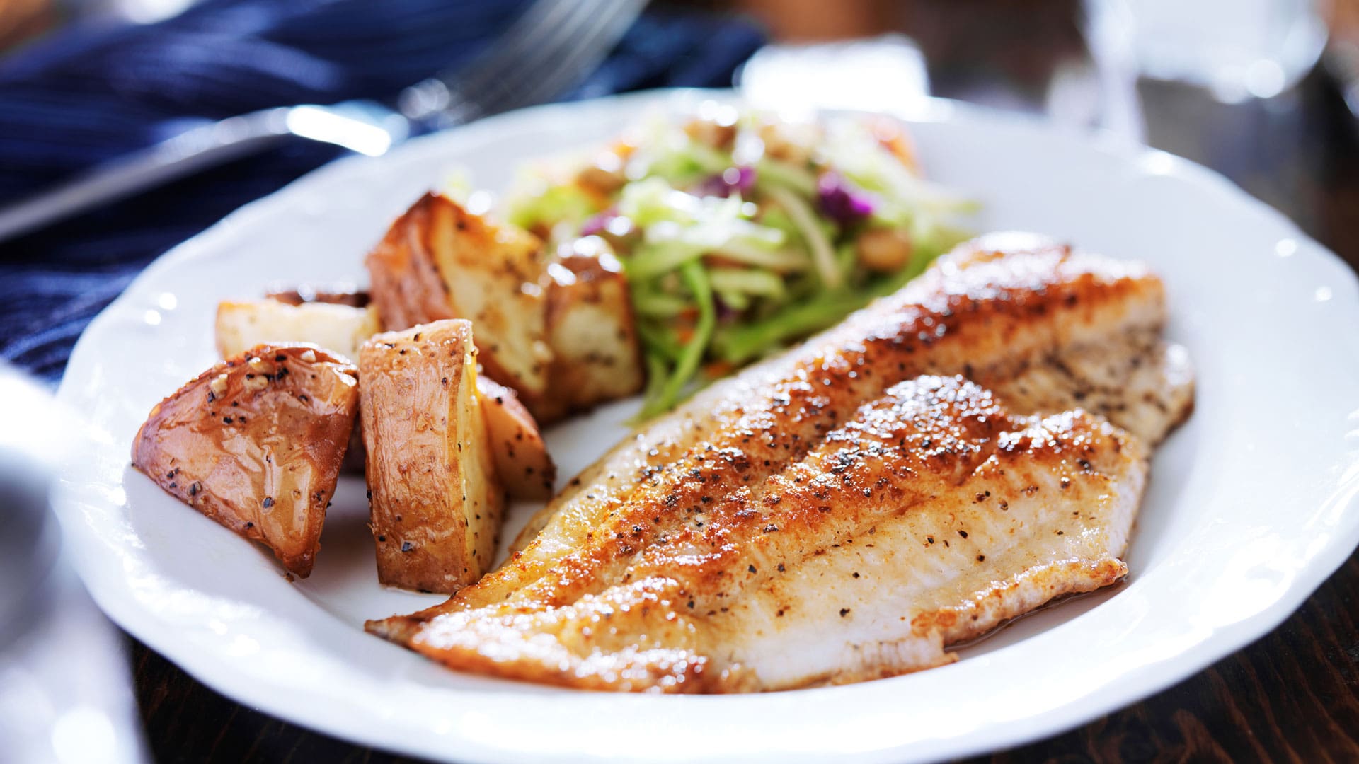 Close-up of a nutritious meal featuring seasoned grilled fish, roasted potatoes, and fresh salad served at Charter Senior Living of Jefferson City, TN.
